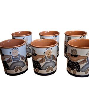 6 Vintage 1990s Debra Meyer Primitive Folk Art Rag Doll Mugs Otarigi